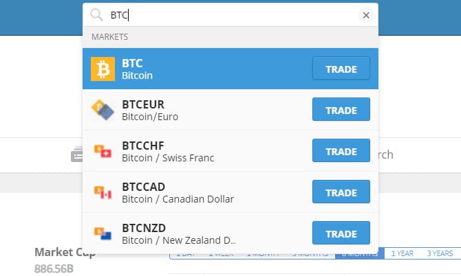 search for Bitcoin on eToro
