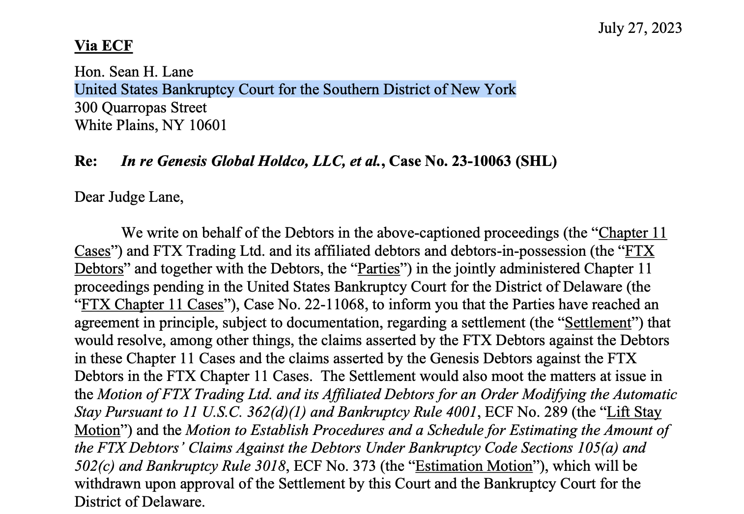 Screen capture of FTX and Genesis in-principle agreement addressed to Judge Sean H. Lane.